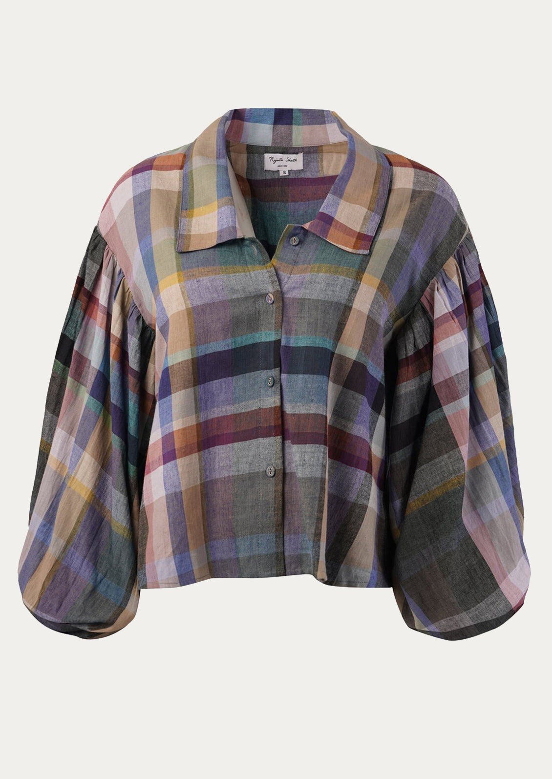 A multicolor plaid print blouse with blouson sleeves.