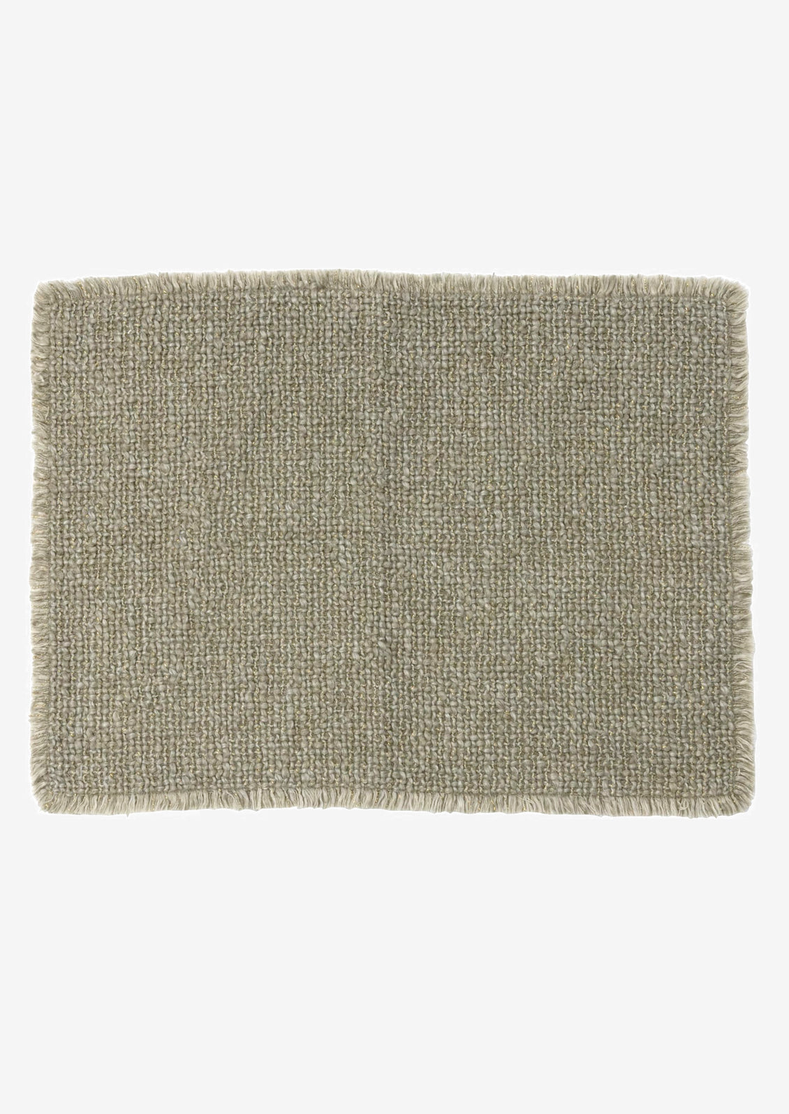 A sage green placemat with fringe edges.