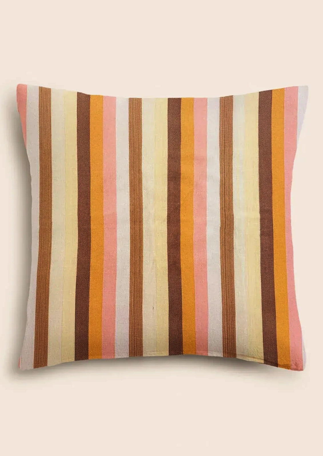 Striped pillow with warm colors.
