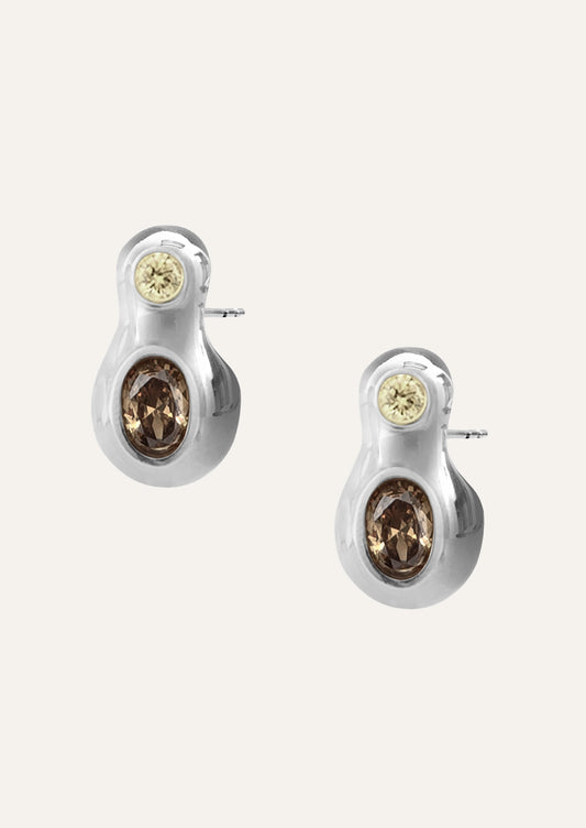 A pair of sterling silver earrings with brown and yellow gemstones.