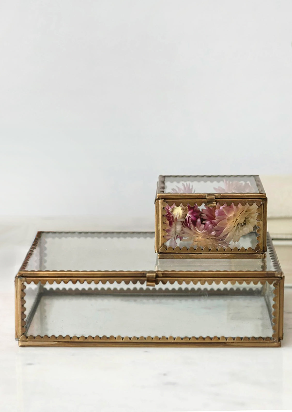 Clear glass boxes with scalloped brass decorative trim.