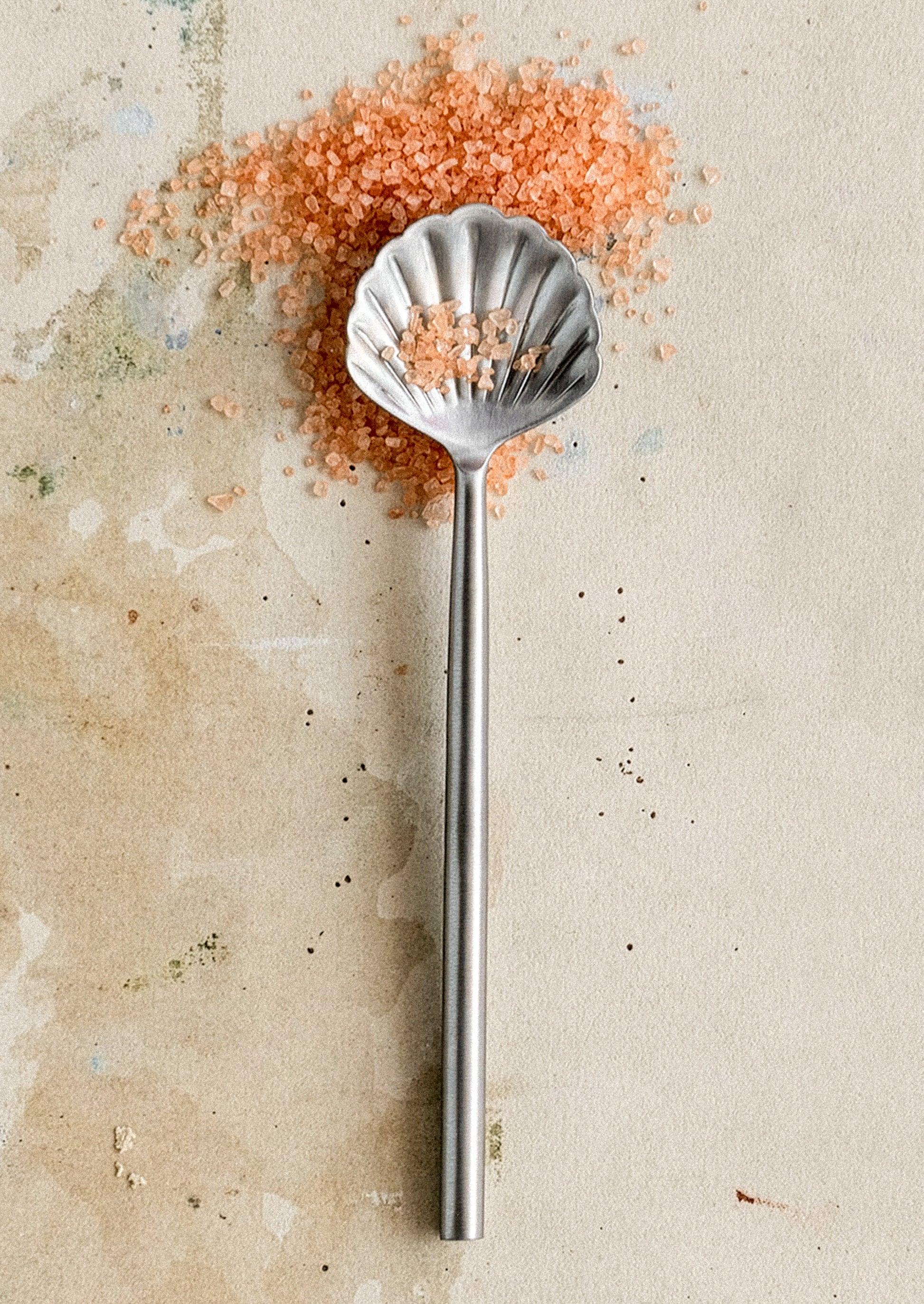 Metallic shell-shaped spoon with pink sea salt on a textured beige surface