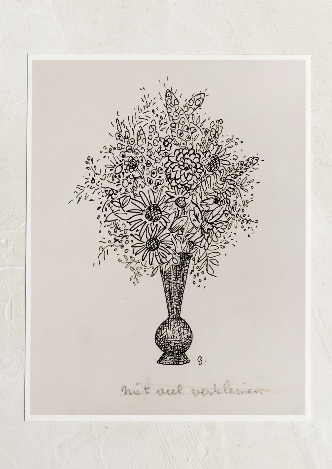 A vintage inspired art print in beige and black of sketch of flowers in vase.