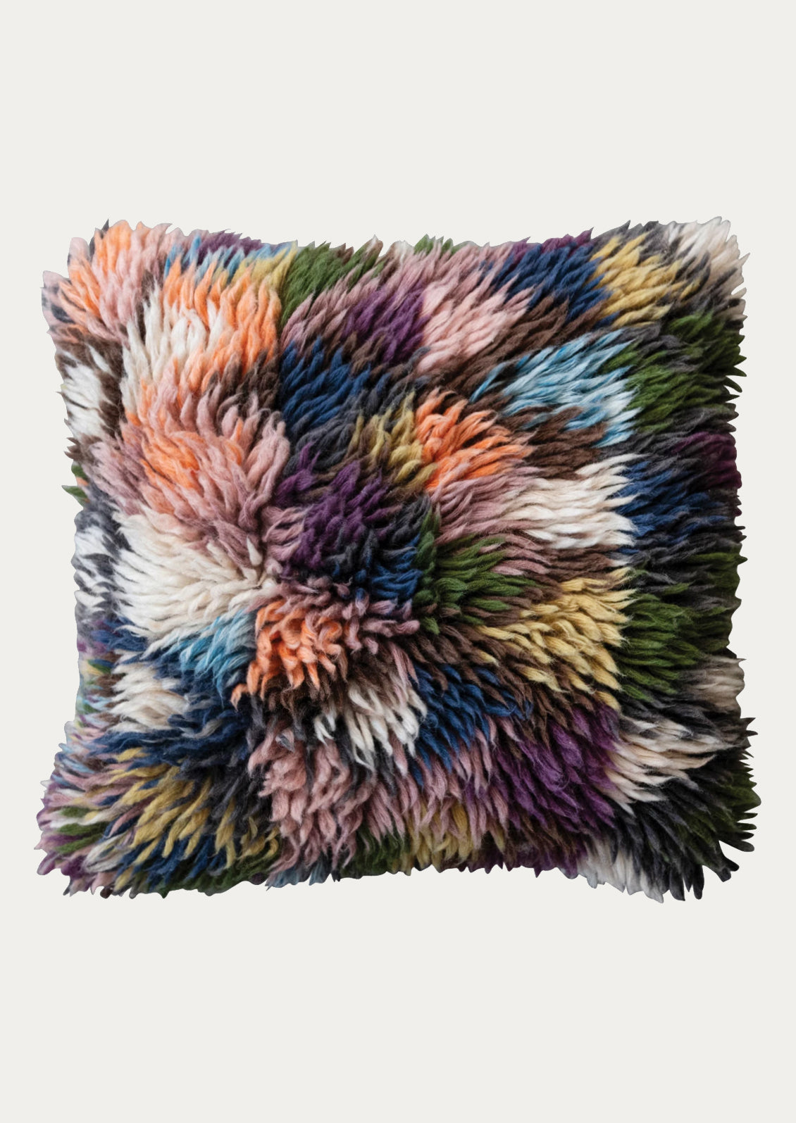 A throw pillow in multicolor wool shag.