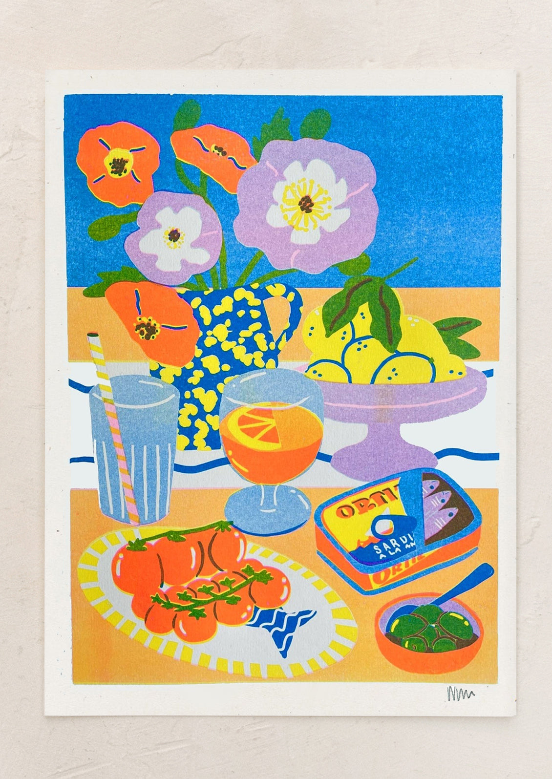 Colorful still life painting with flowers, fruit, and food items on a blue background