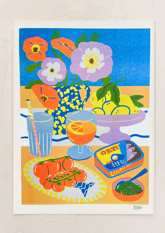 Colorful still life painting with flowers, fruit, and food items on a blue background