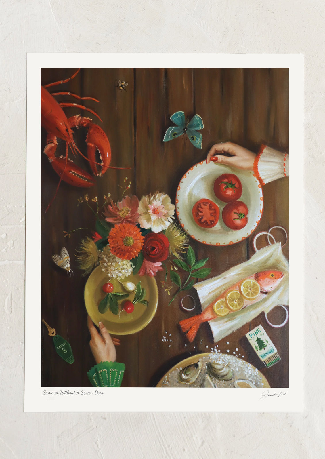 Still life painting with fruits, flowers, and a lobster on a wooden table.
