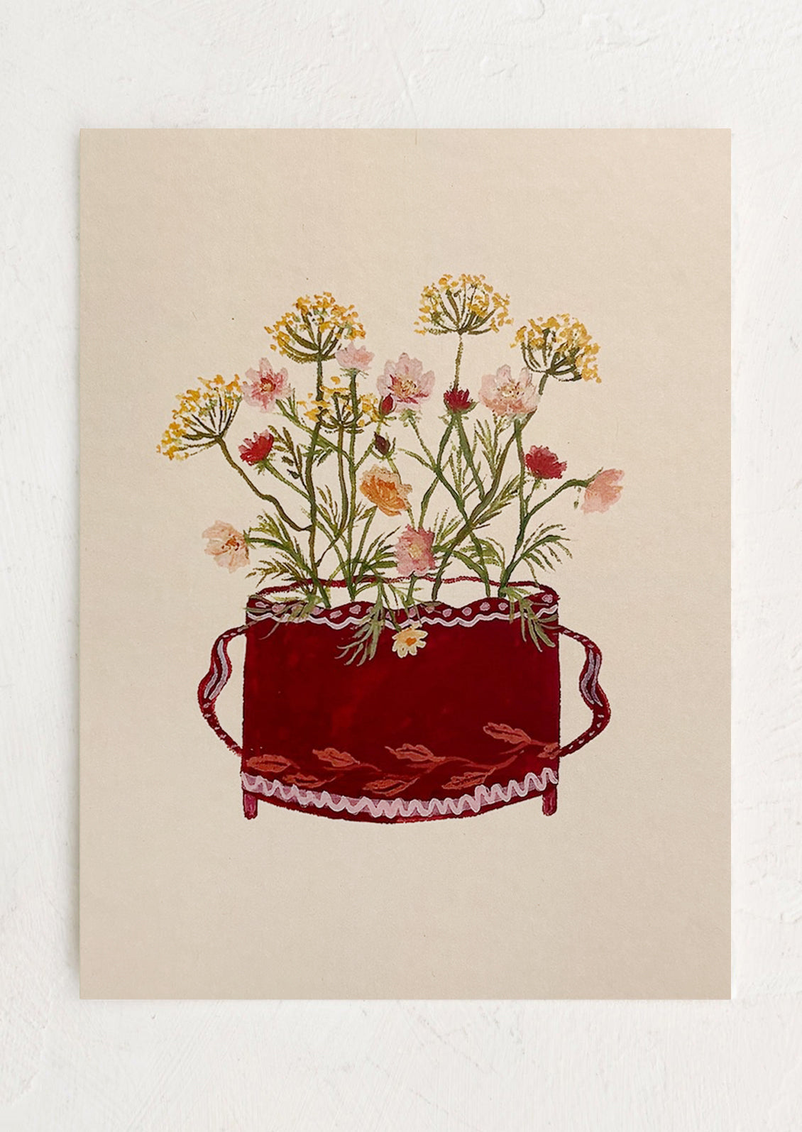 A small illustrated art print of flowers in a dark red pot, on light beige background.