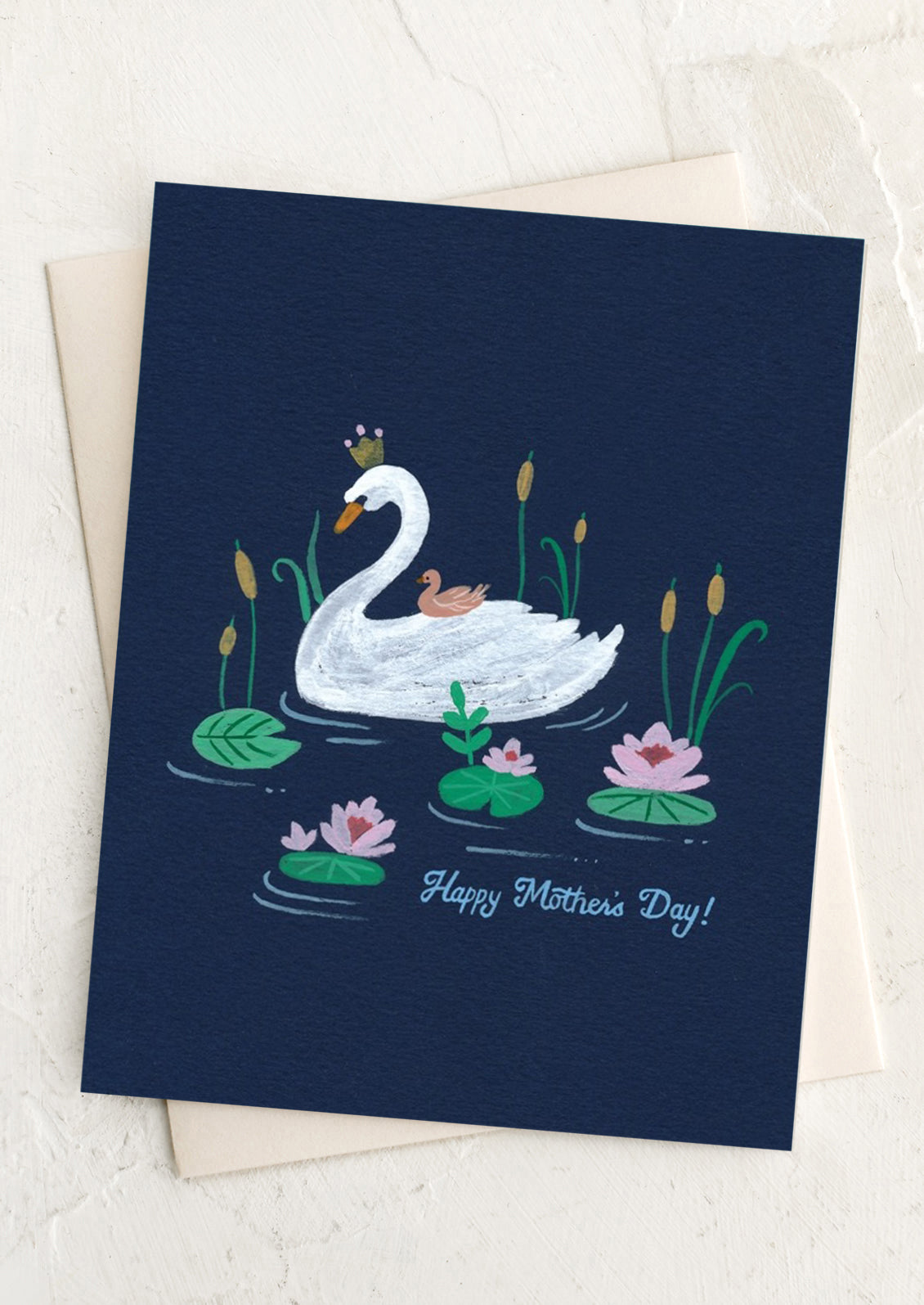 Greeting card with a swan and cygnets on water lilies and the text 'Happy Mother's Day!' on a white background.