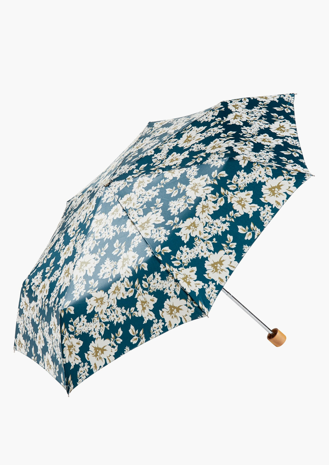 A teal and olive green floral print umbrella.