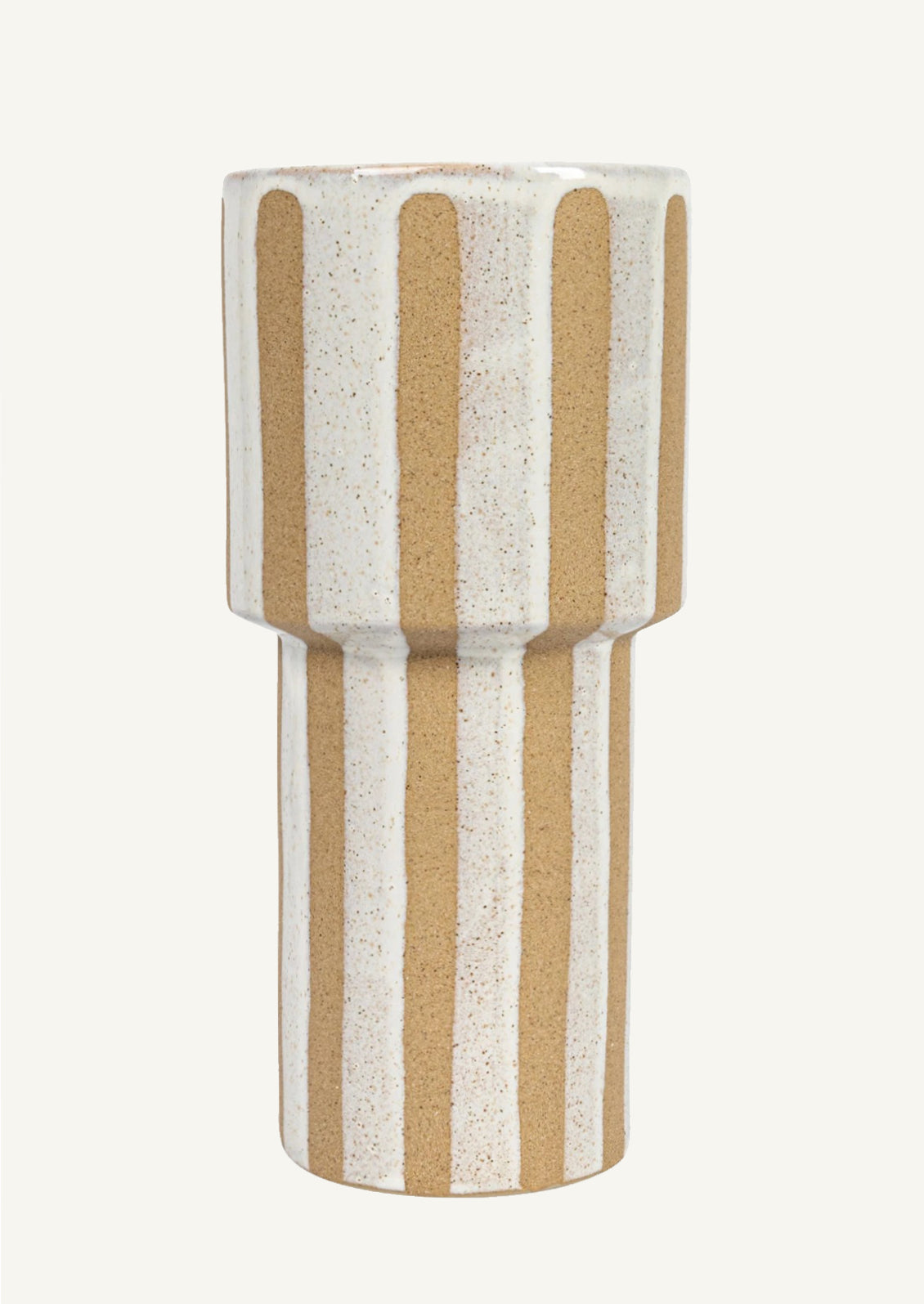 A tall sculptural vase with sandy and white vertical stripes.