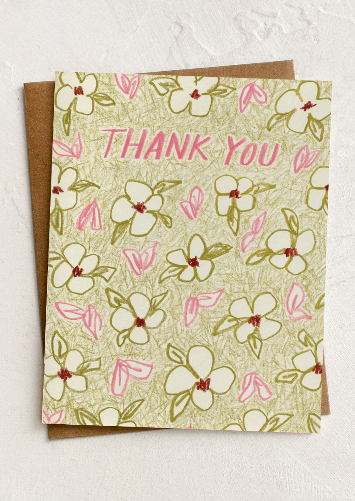 A green floral print thank you card.