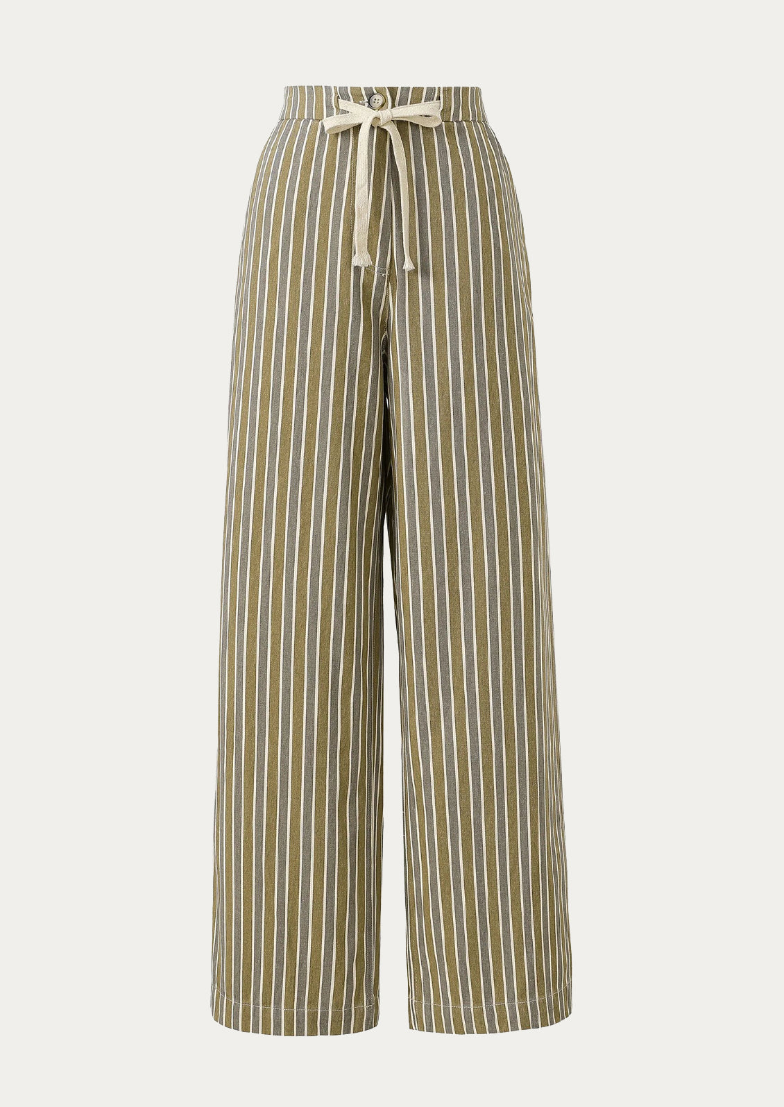 A pair of wide leg pants in grey and brown vertical stripe pattern, with drawstring waist.