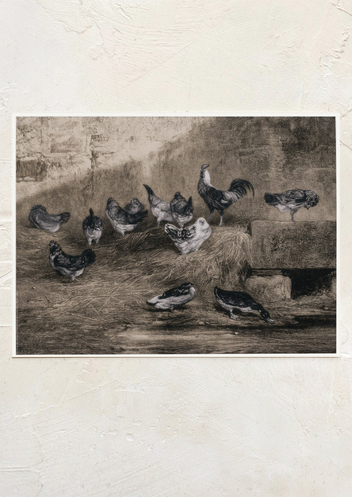 An art print in monotone sepia tone, depicting chickens in a barn.