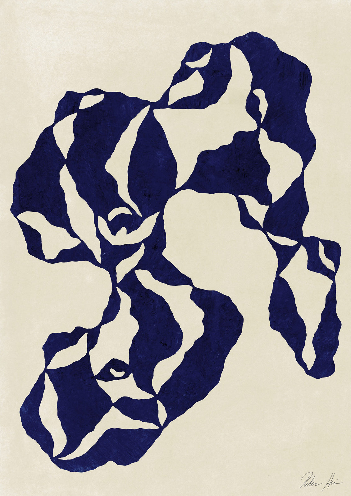 Abstract art piece with blue and white shapes on a beige background