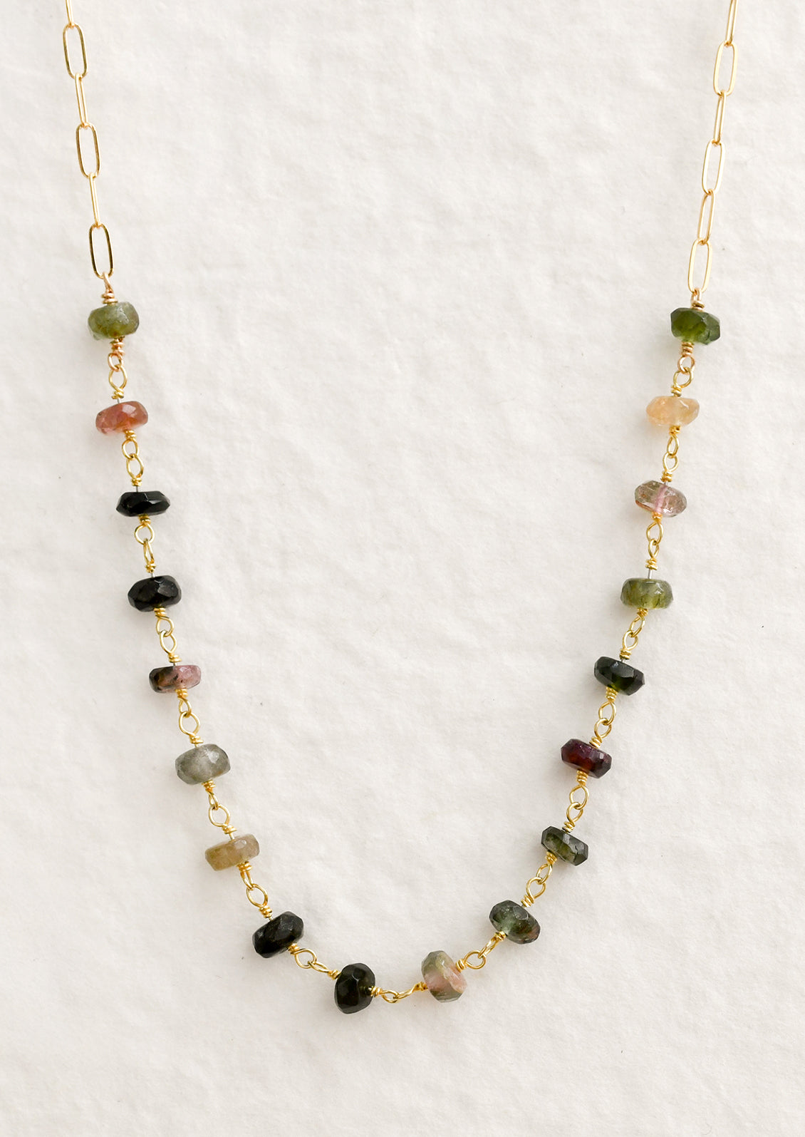 A paperclip chain necklace with tourmaline gemstone stations.