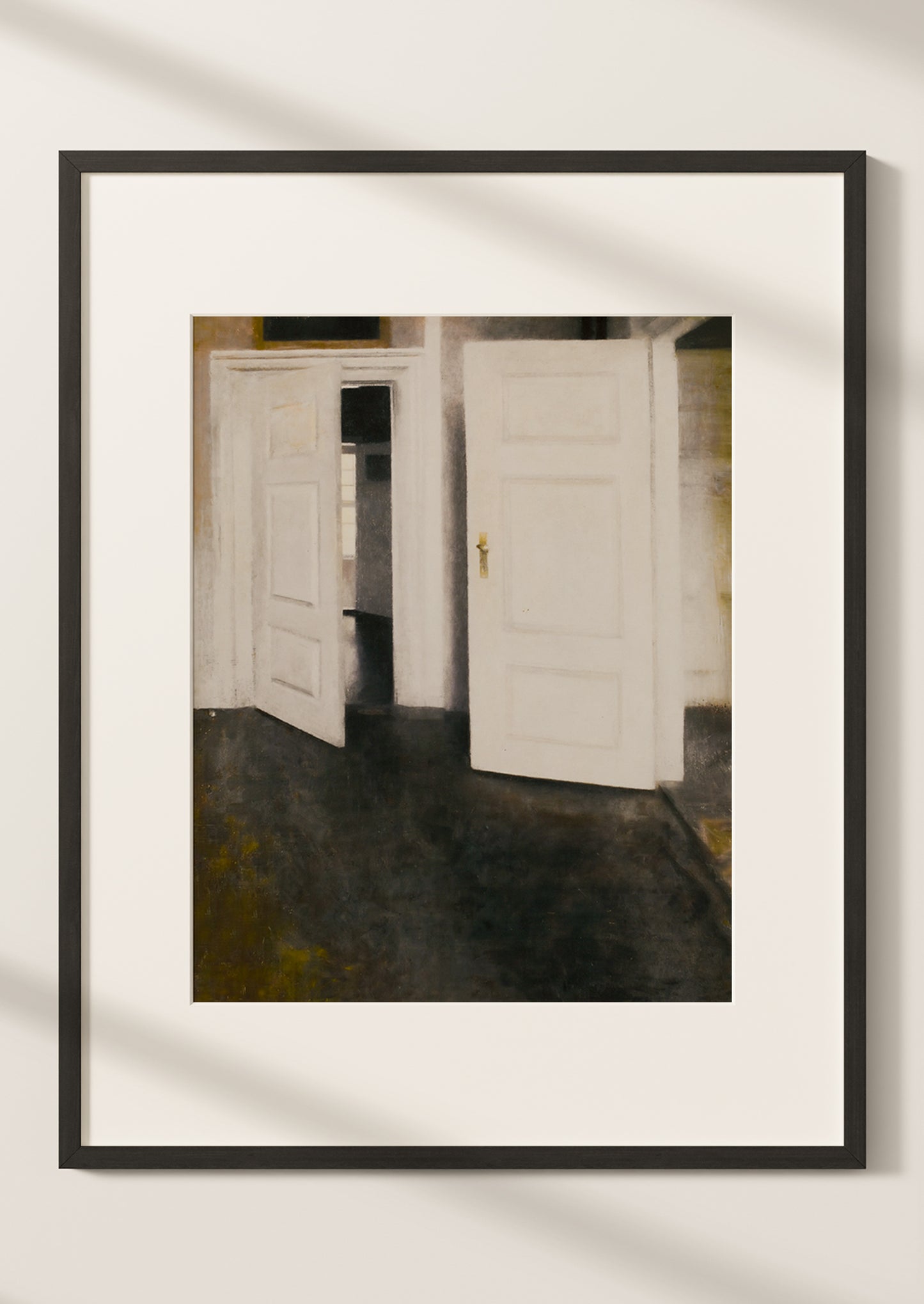 An art print of a room with two white doors.