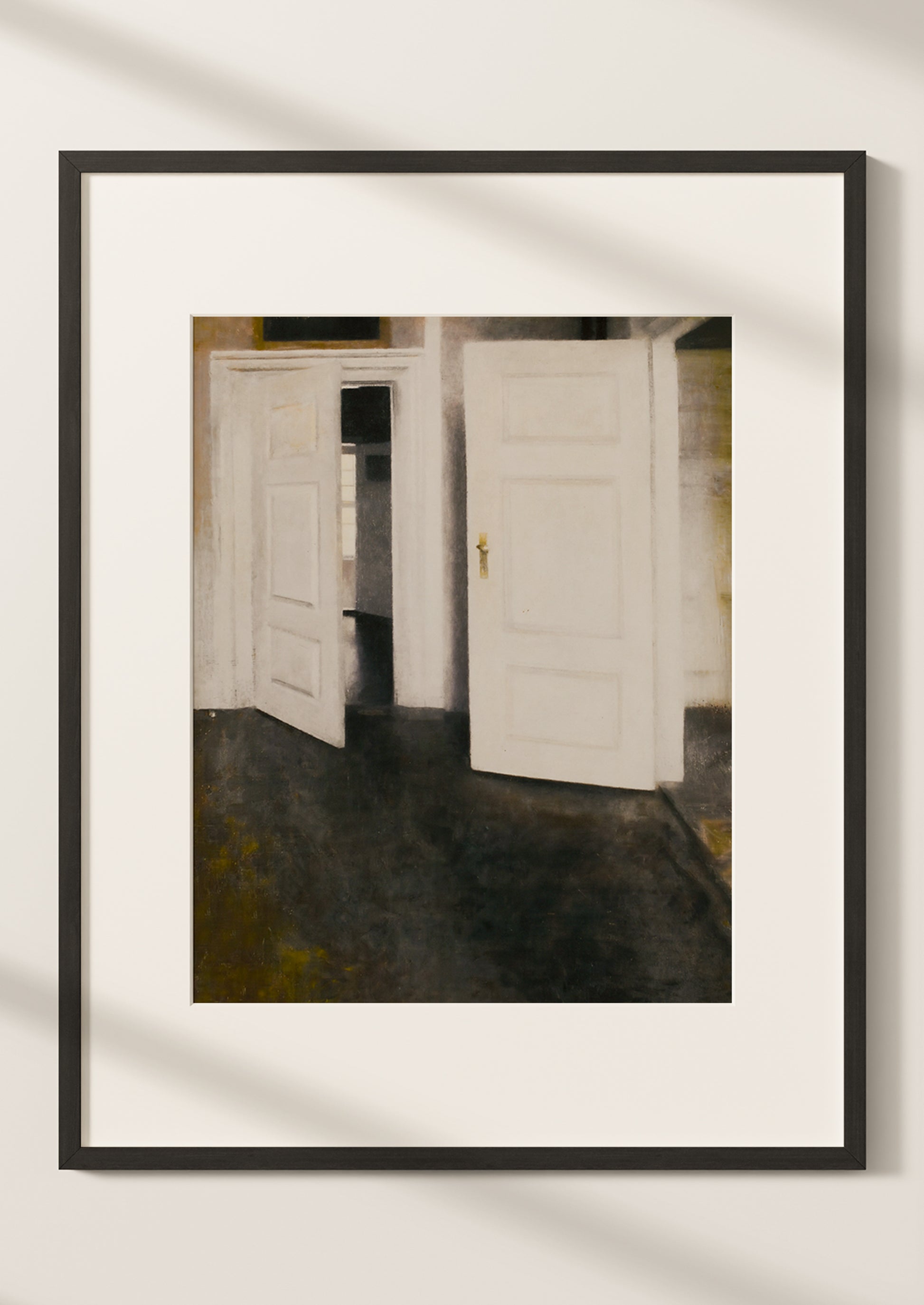 An art print of a room with two white doors.