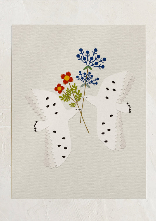 An art print of papercut collage of two doves holding flowers on light grey background.
