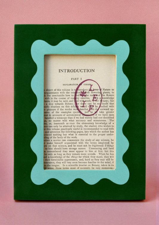 A green picture frame with an aqua squiggle frame around picture opening.