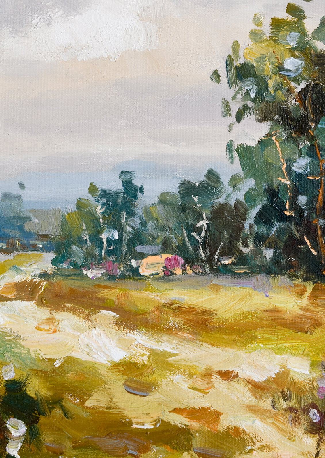 A framed original oil painting of a colorful meadow in the countryside.