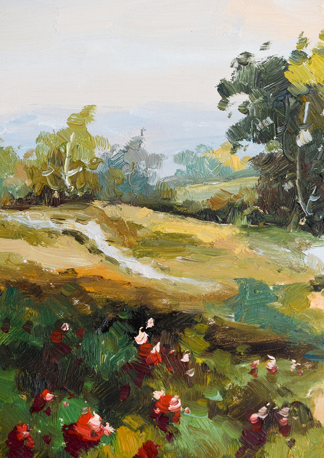 A framed original oil landscape painting depicting a path through a countryside setting.