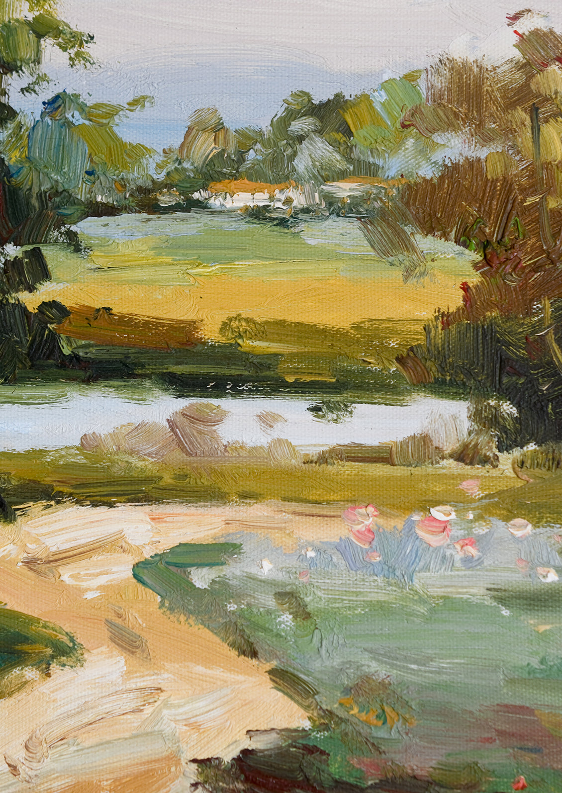 A framed original oil landscape painting depicting a path through a countryside setting.