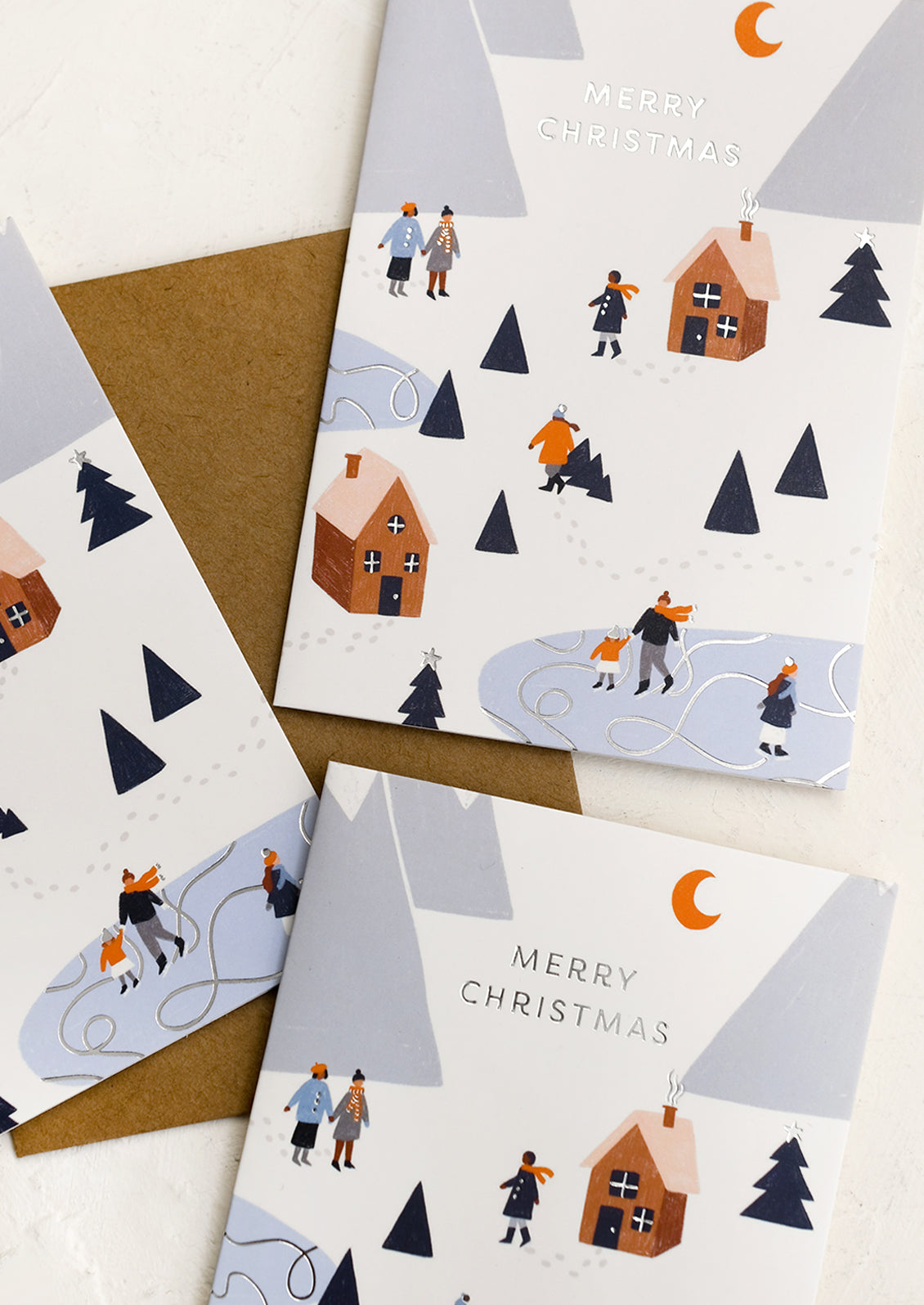 A set of holiday cards with image of snowy hill and text reading "Merry christmas".