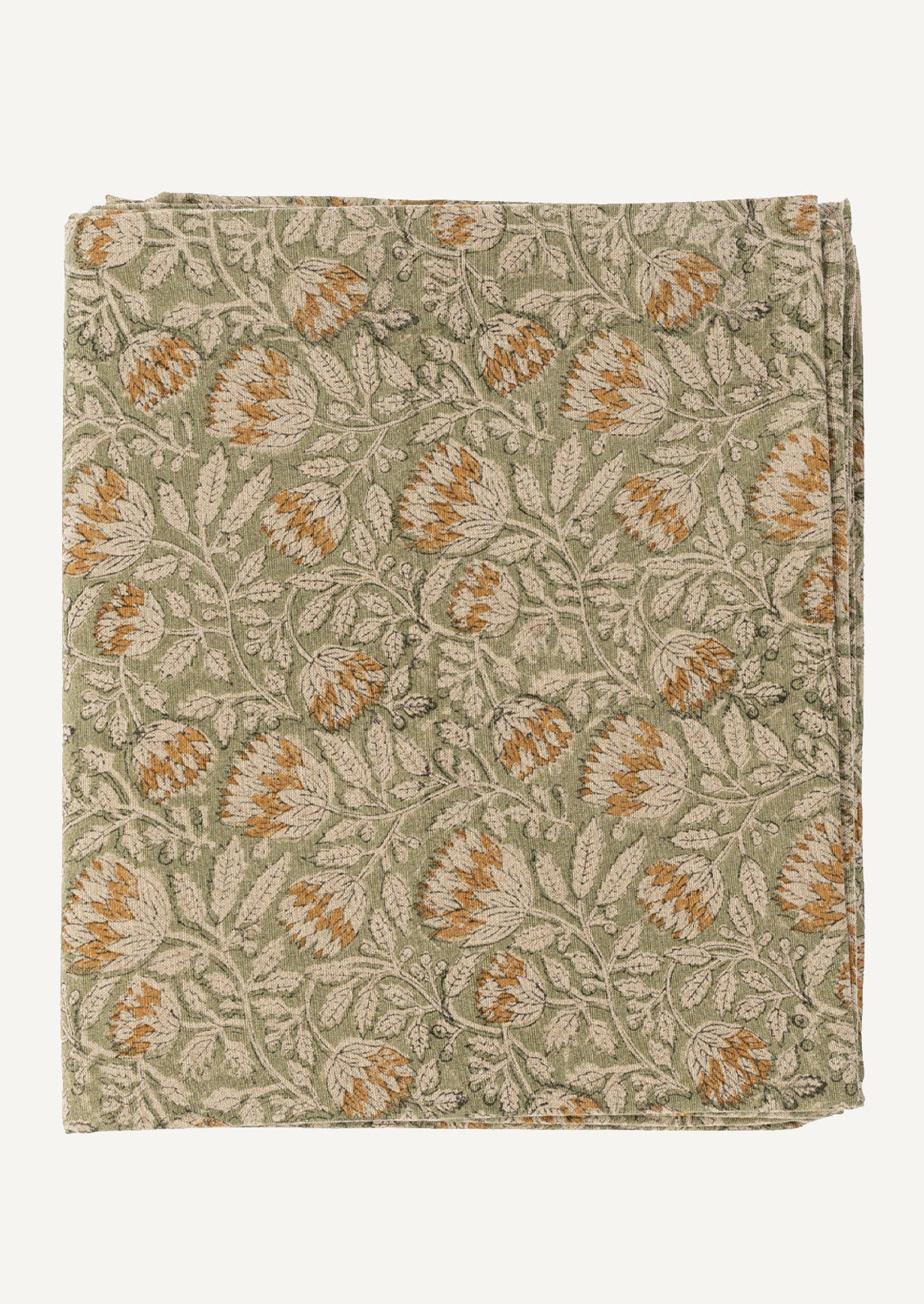 A tablecloth in sage green with brown floral print.