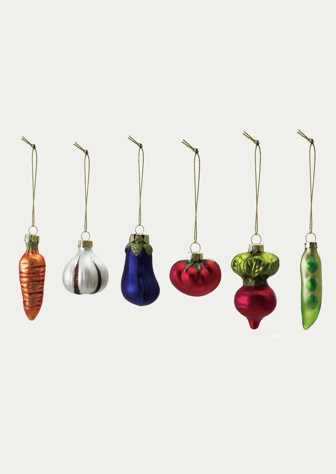 Set of colorful glass vegetable-shaped ornaments.