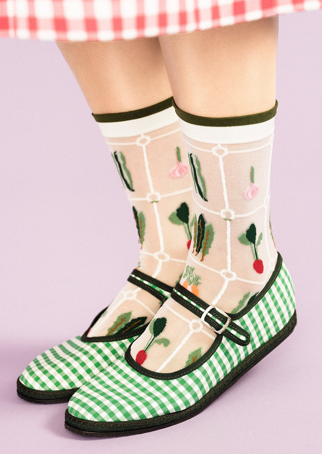 Sheer white nylon socks with multicolor veggie print.