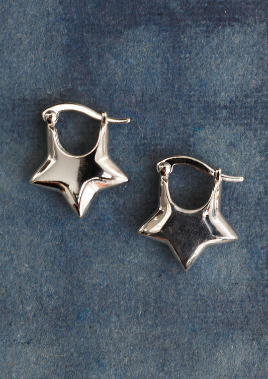 A pair of 3/4 star shaped hoop earrings in silver.