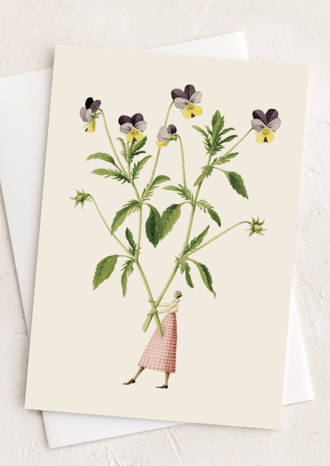 Greeting card with botanical illustration of flowers and a person holding them, on a white background.