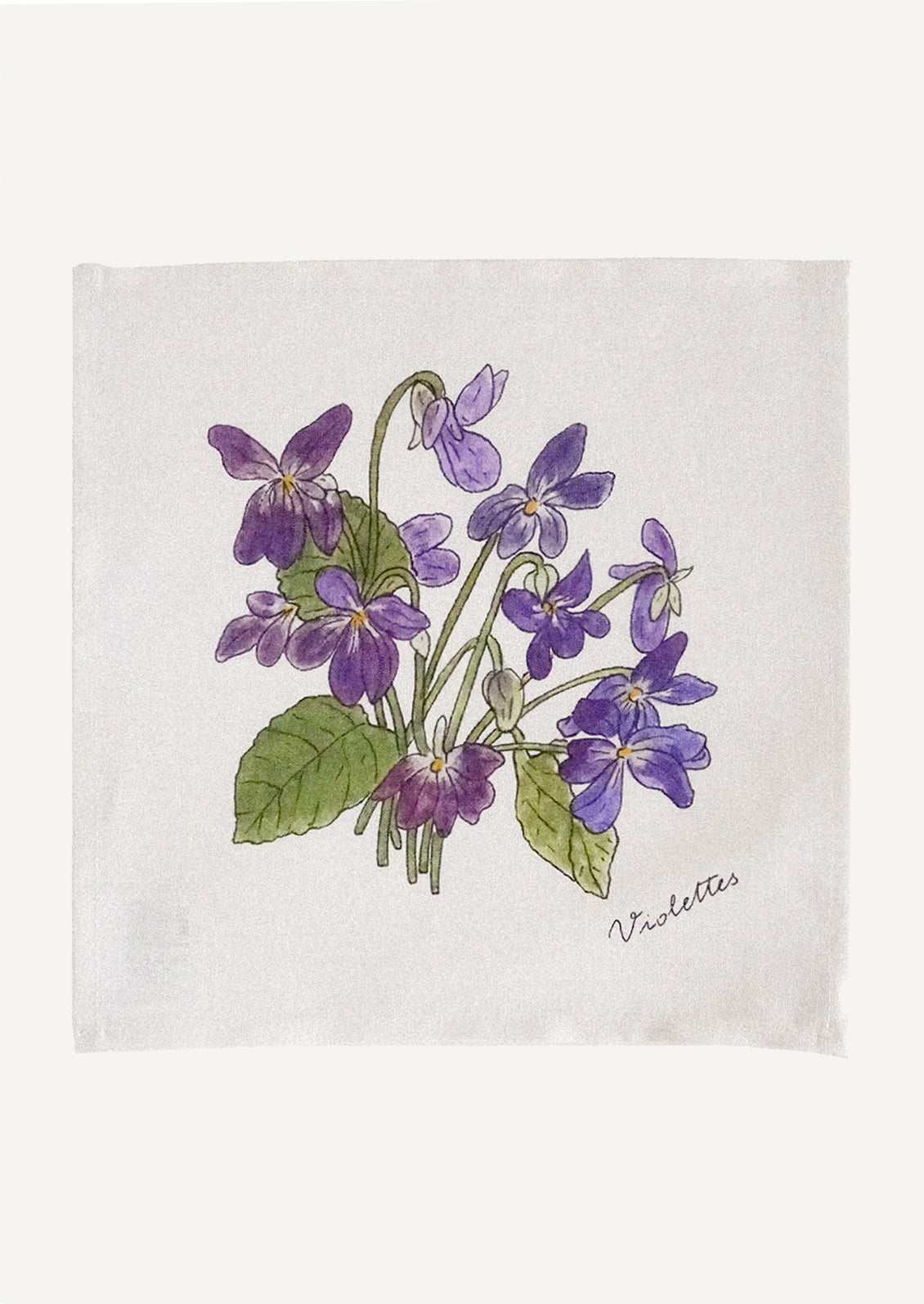 A linen handkerchief with screen printed violets illustration.