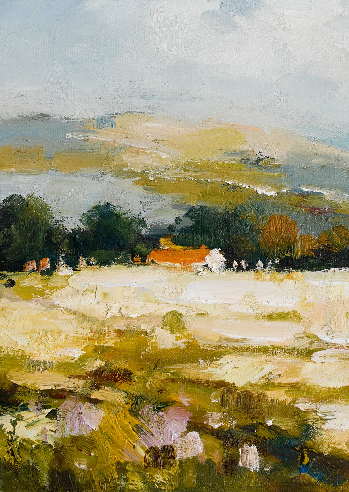 A framed original painting of colorful meadow/vista.