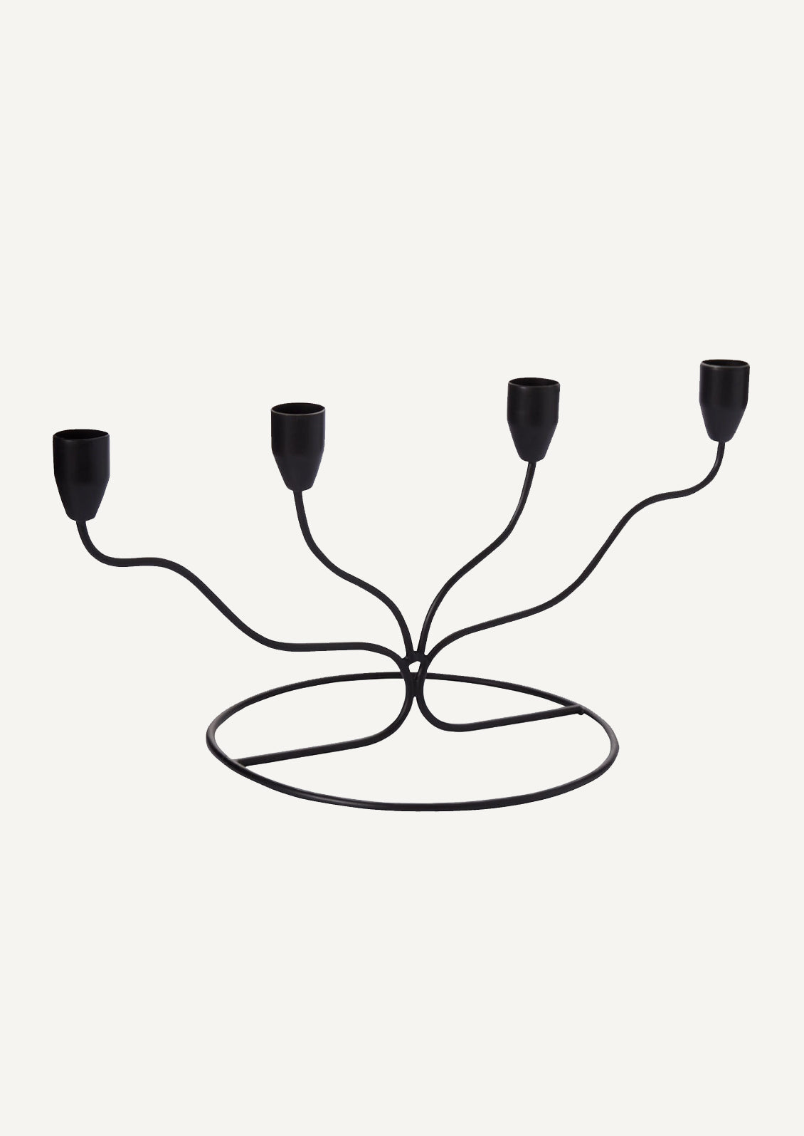 A black metal candleholder in modern, curved shape.