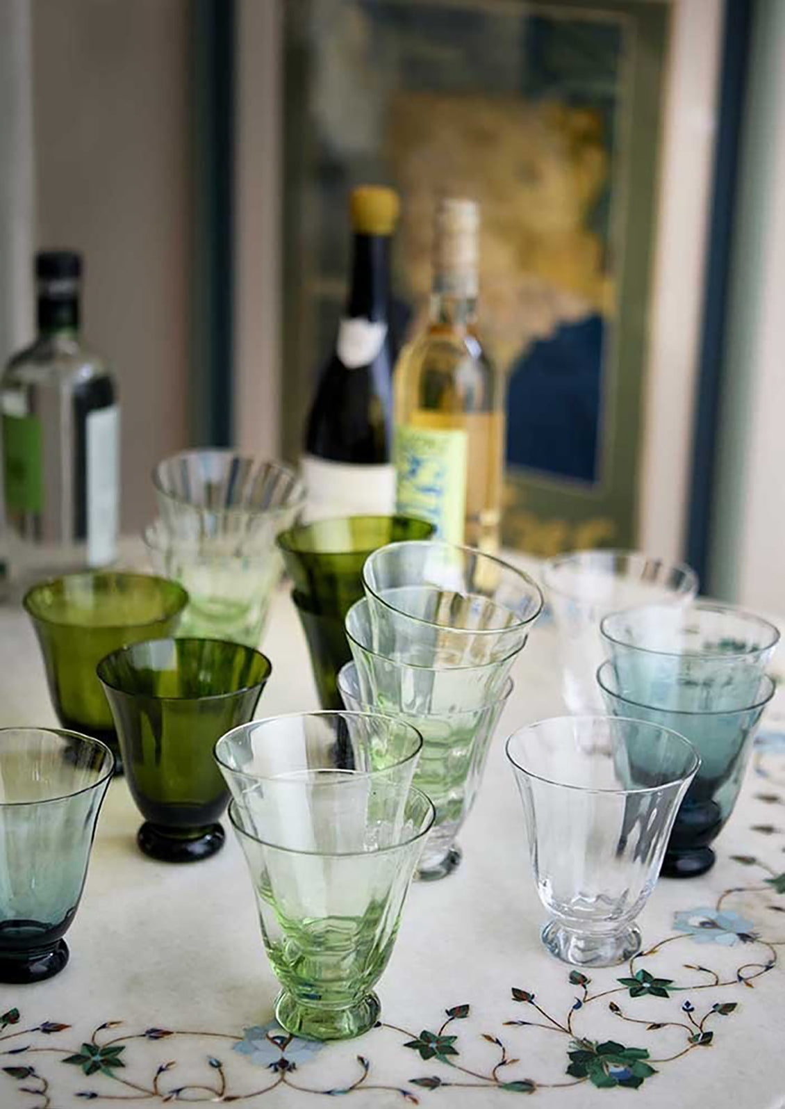 Footed Water glasses in assorted colors.