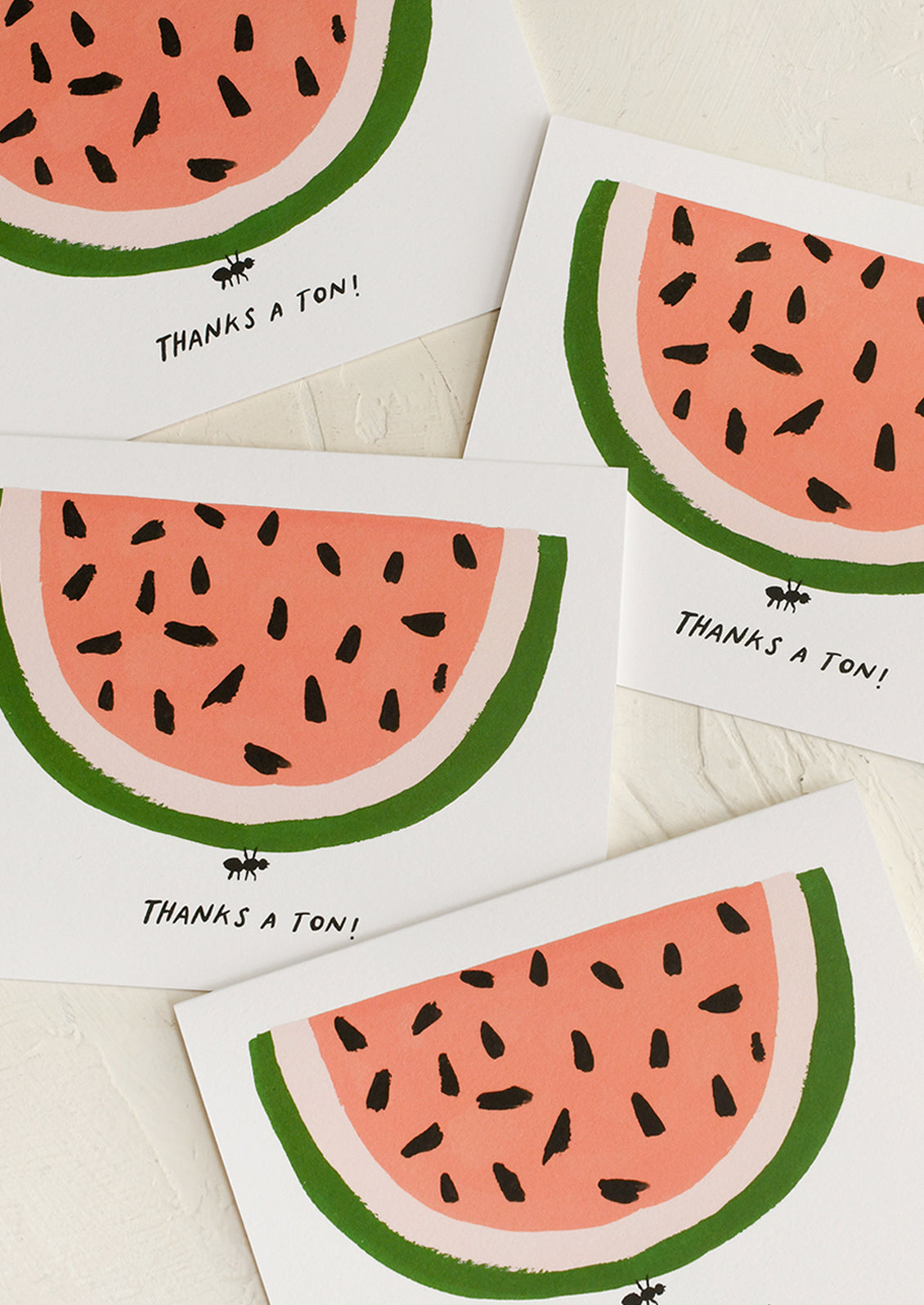 A set of cards with image of ant holding up a watermelon, text reads "Thanks a ton!".