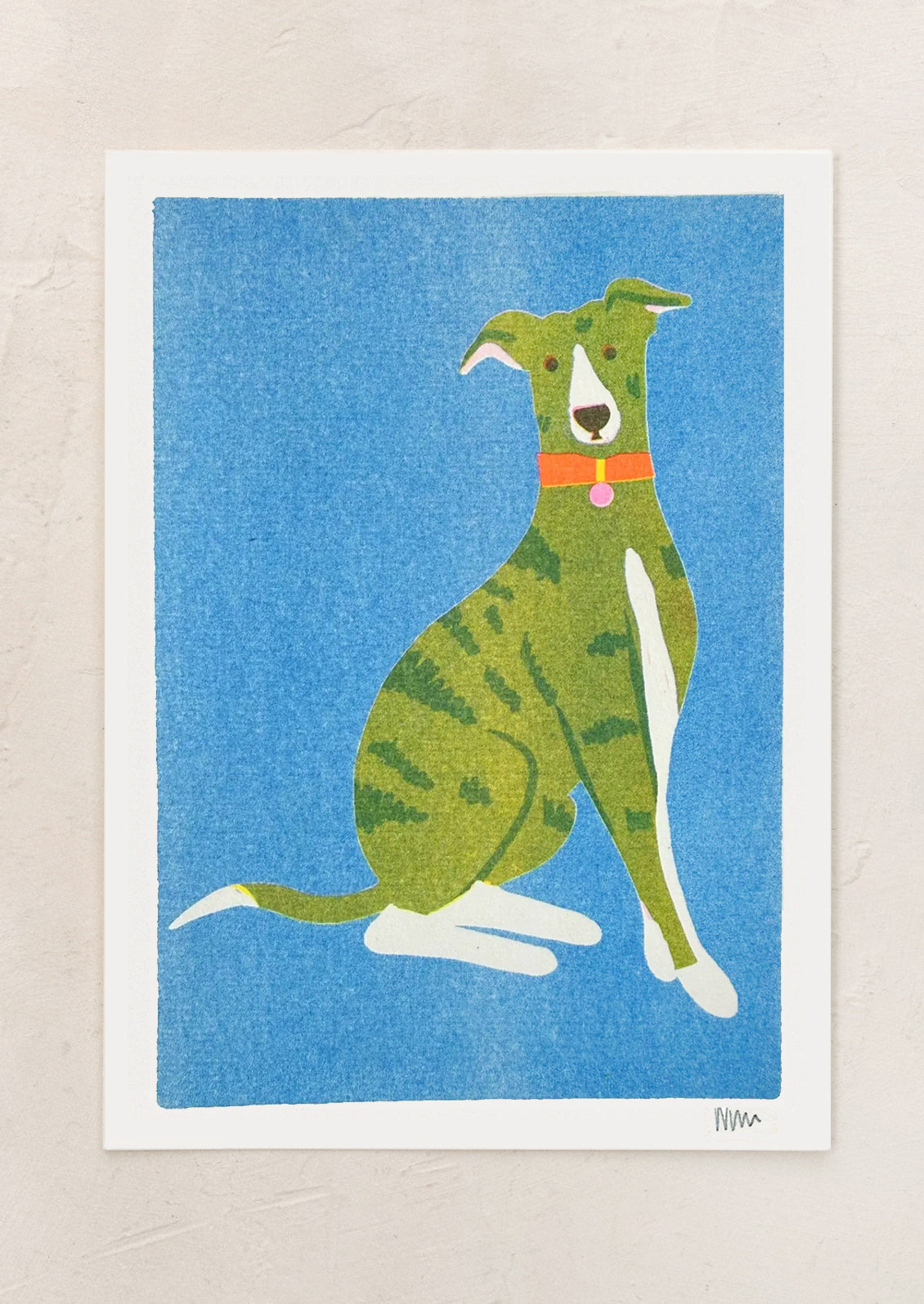 Illustration of a green dog with a red collar on a blue background