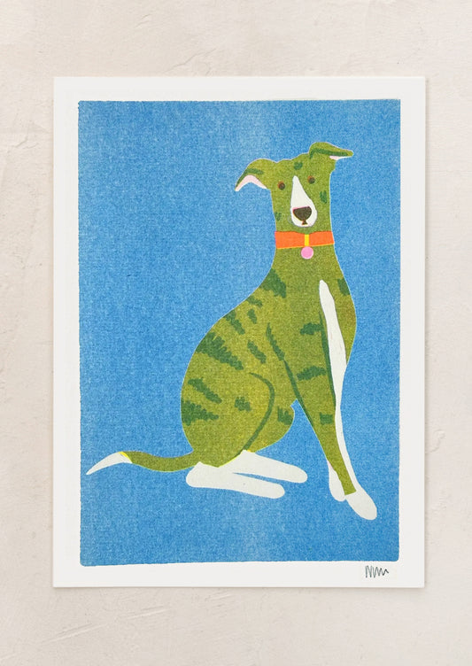 Illustration of a green dog with a red collar on a blue background