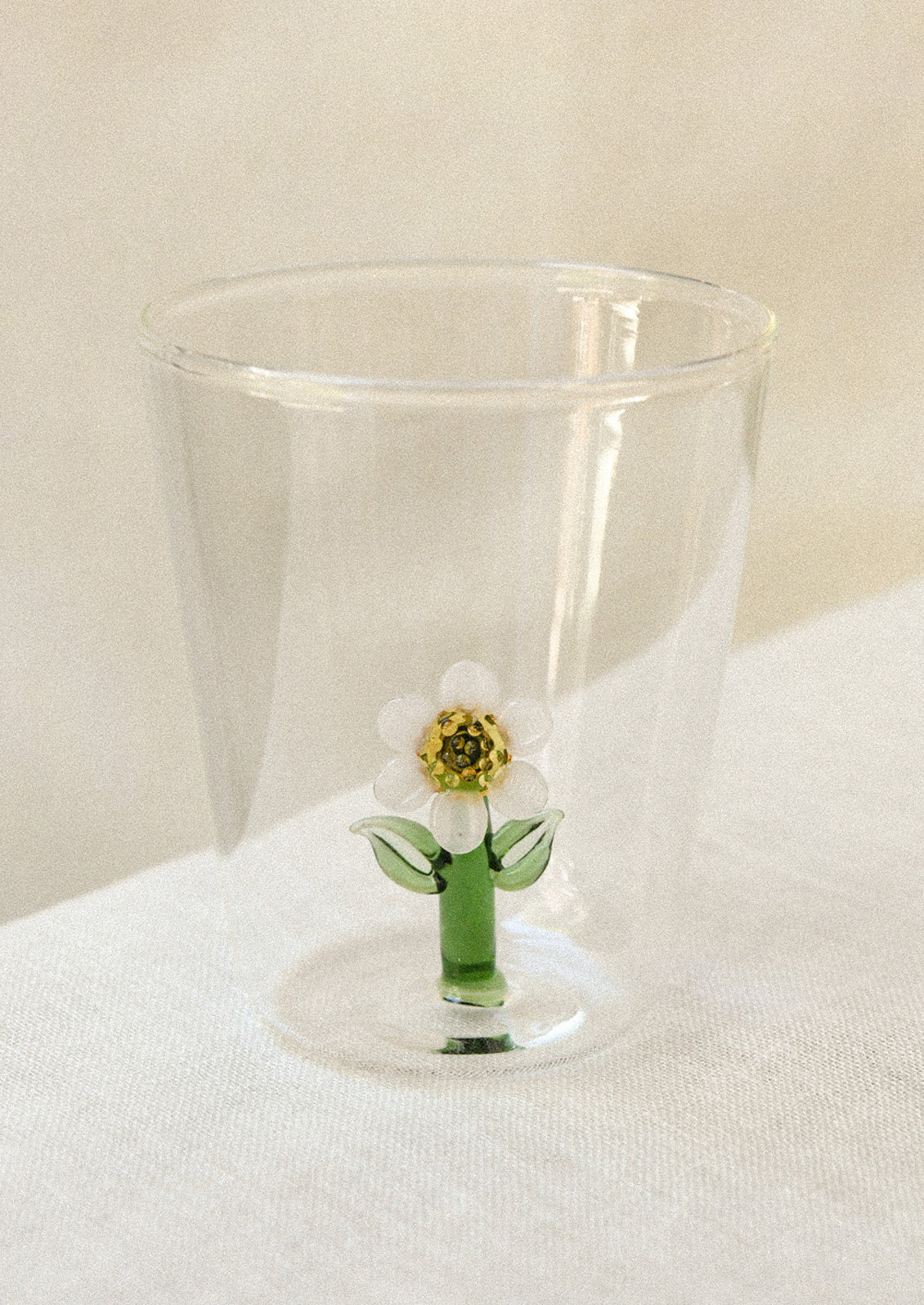 Clear glass with a white sunflower charm inside glass.