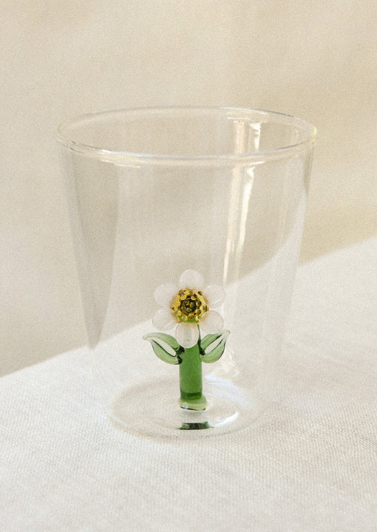 Clear glass with a white sunflower charm inside glass.