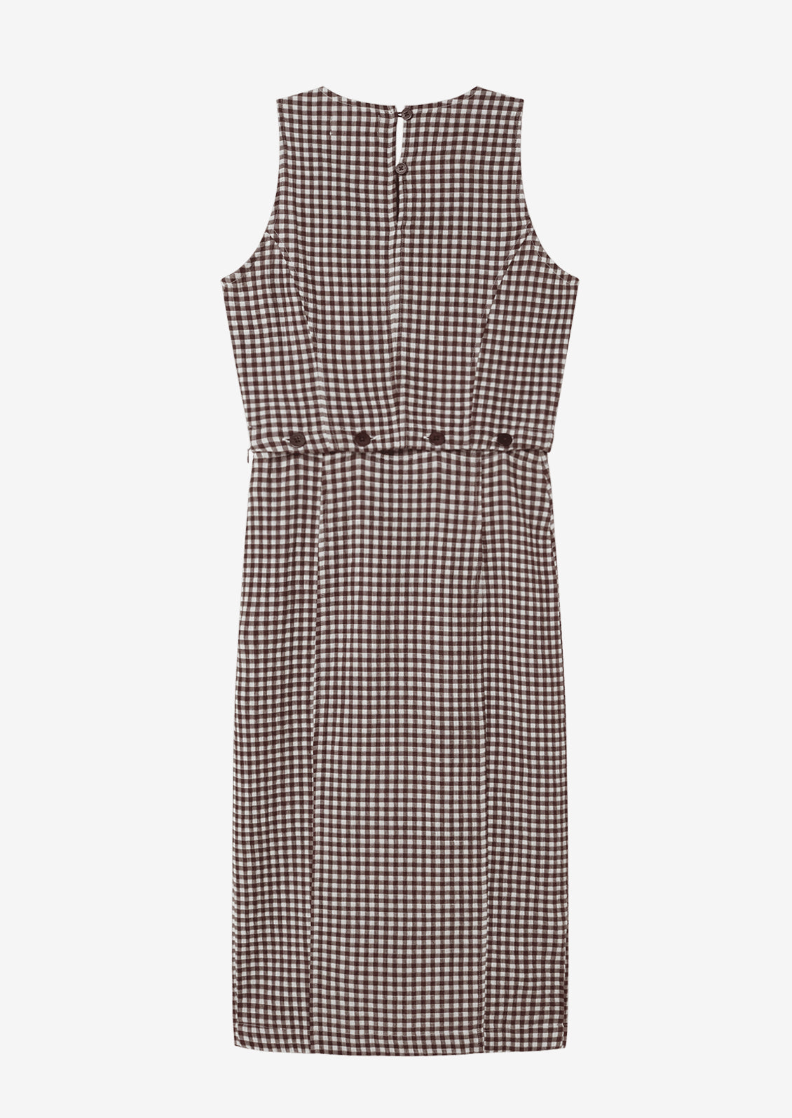 A sleeveless shift dress with button waist detail.