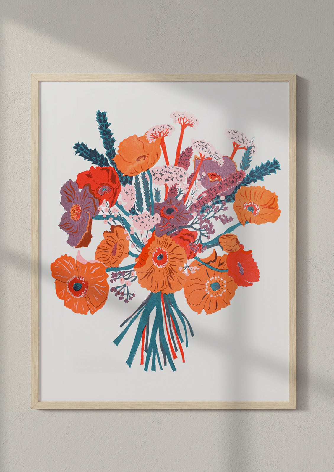 A risograph print with orange and red bouquet in wood frame.