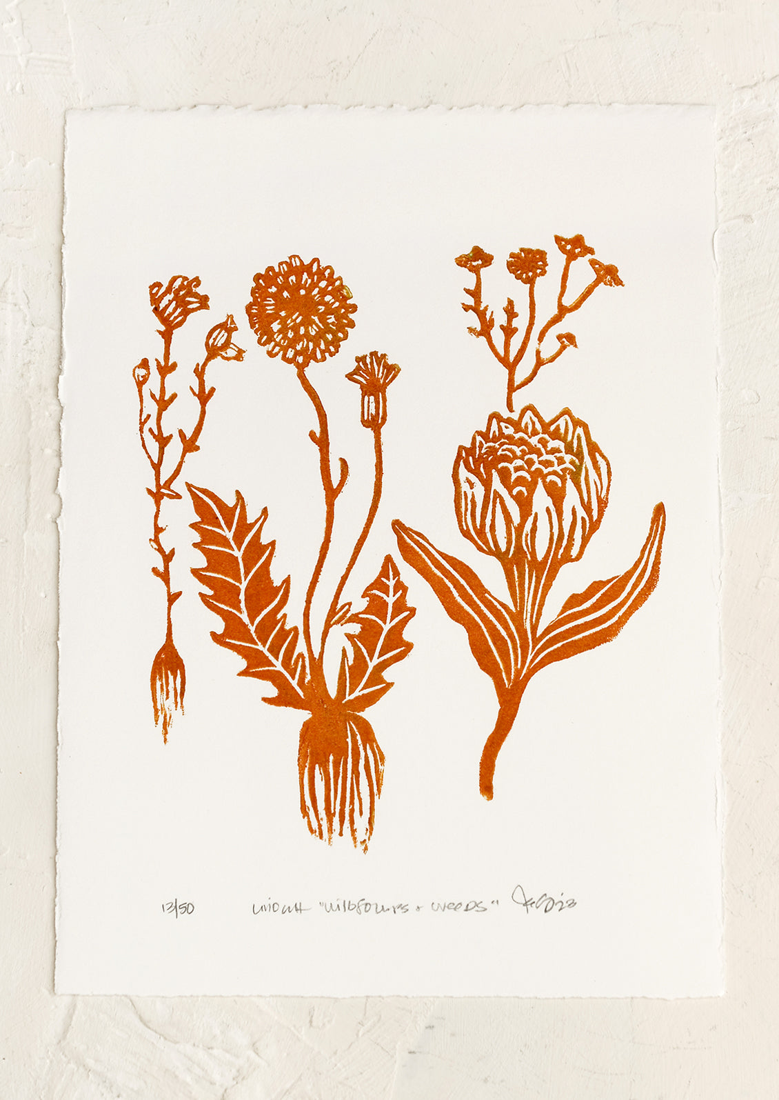 A deckled edge art print with linocut wildflowers & weeds print in rust.