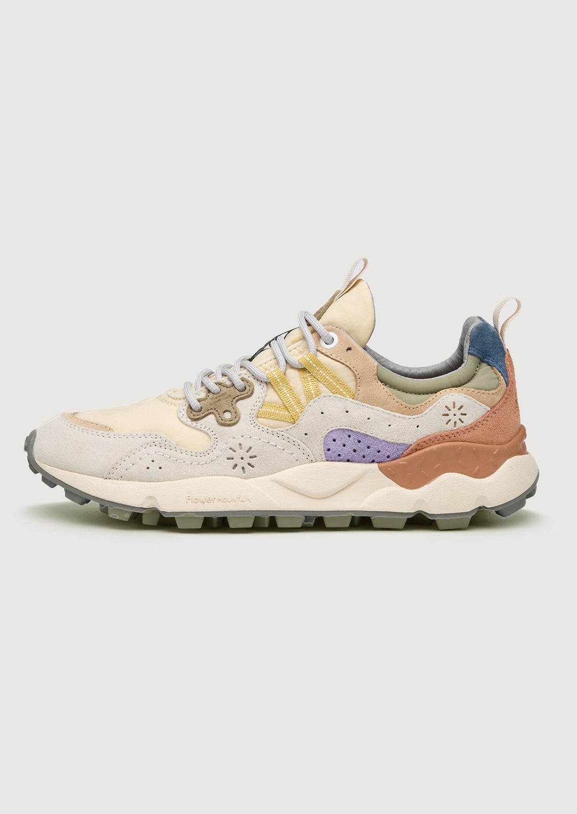A pair of sporty sneakers in multicolor pastels.