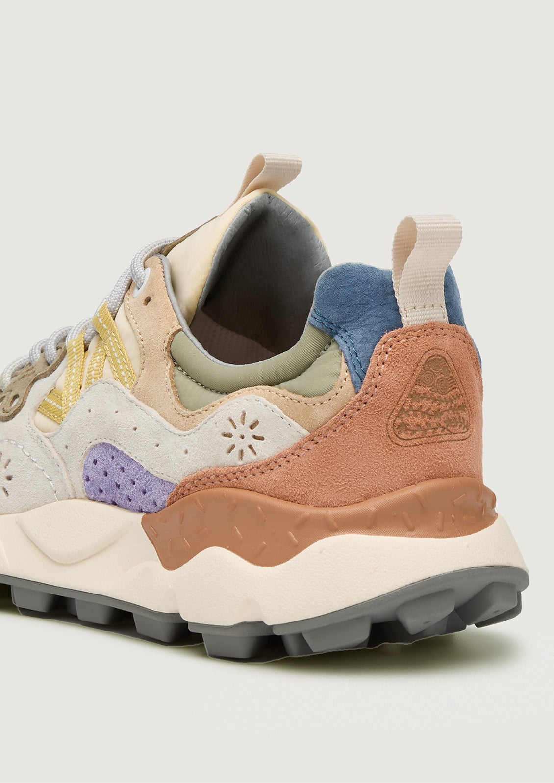 A pair of sporty sneakers in multicolor pastels.