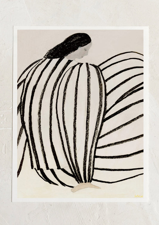 A figural art print of a woman wearing a black and white striped outfit.