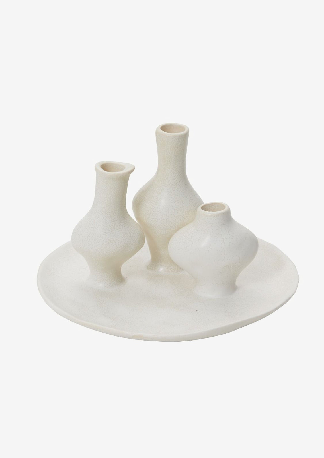 A sculptural multi vessel plate with bud vases in white ceramic.