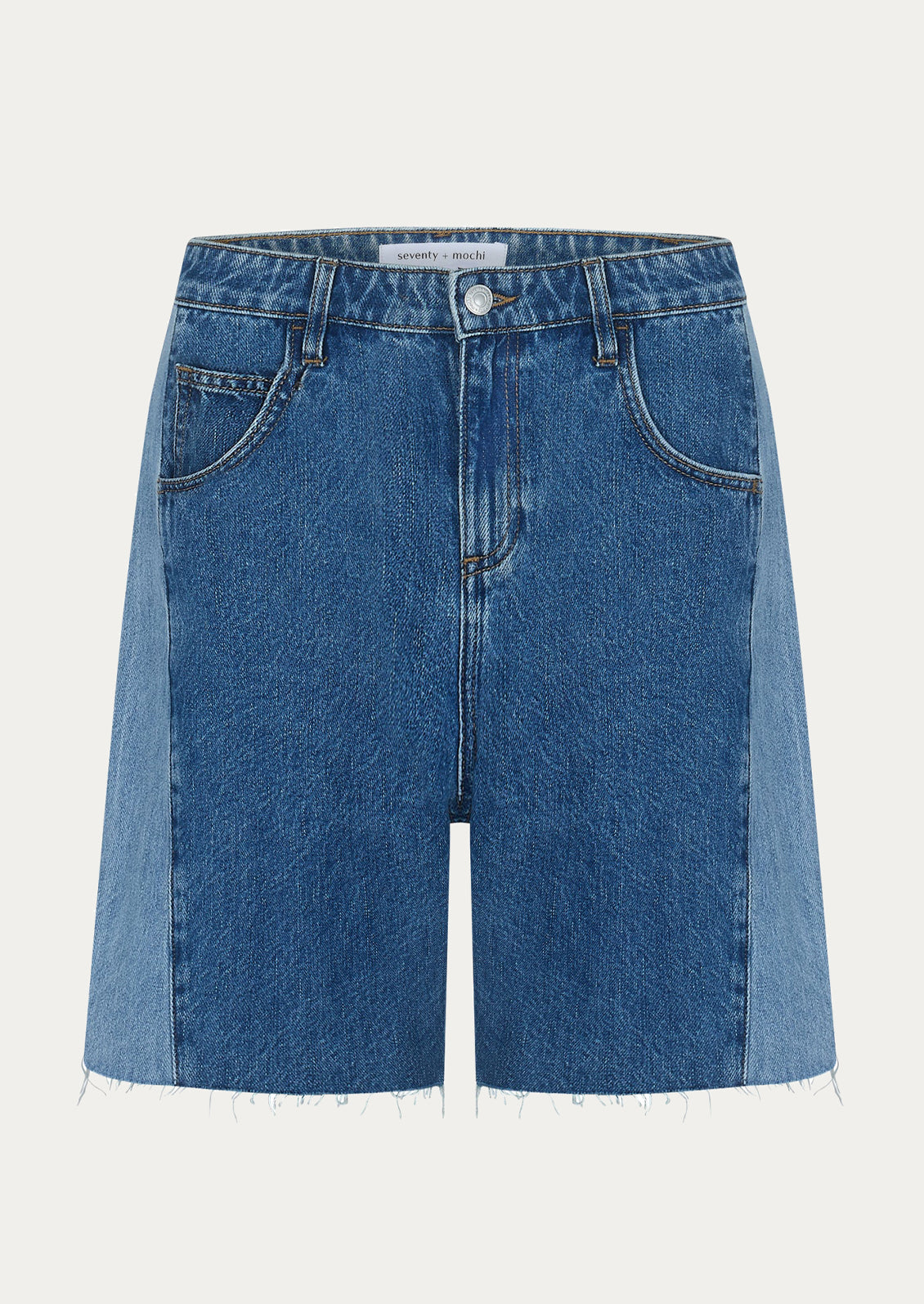 A pair of shorts with two-tone side seam.